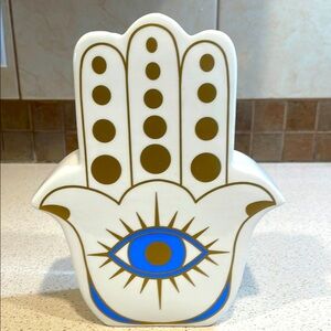 NEW White and Gold Hamsa Hand Vase with Blue Eye